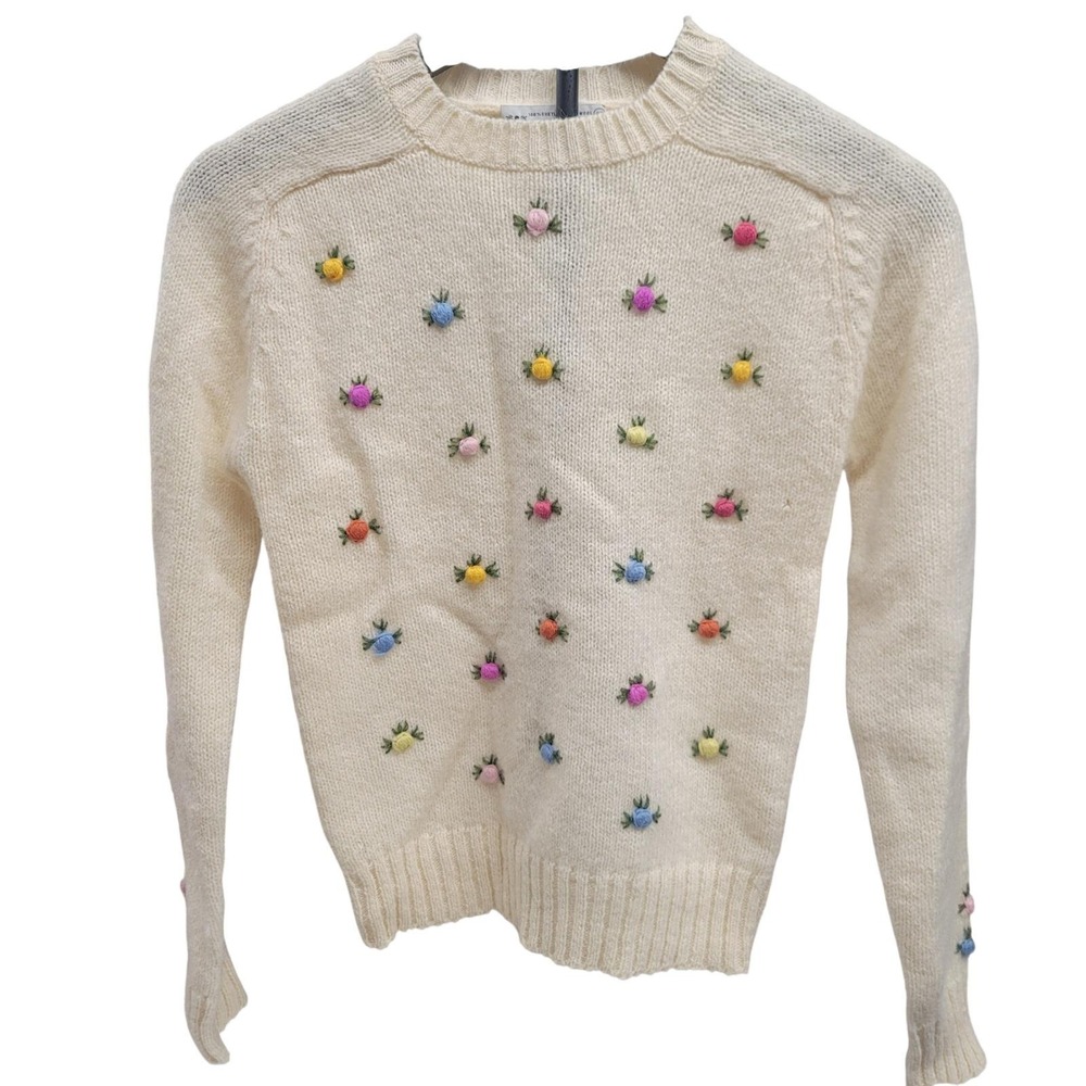 VTG Aston Hand Framed Knitted 100% Shetland Wool Cream Floral Sweater Sz 32 / XS